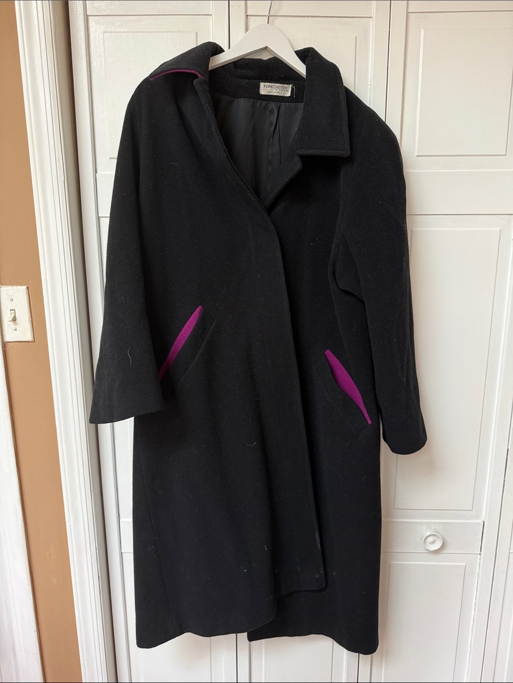 Vintage Black Wool Pea Coat with Purple Pocket Trim
